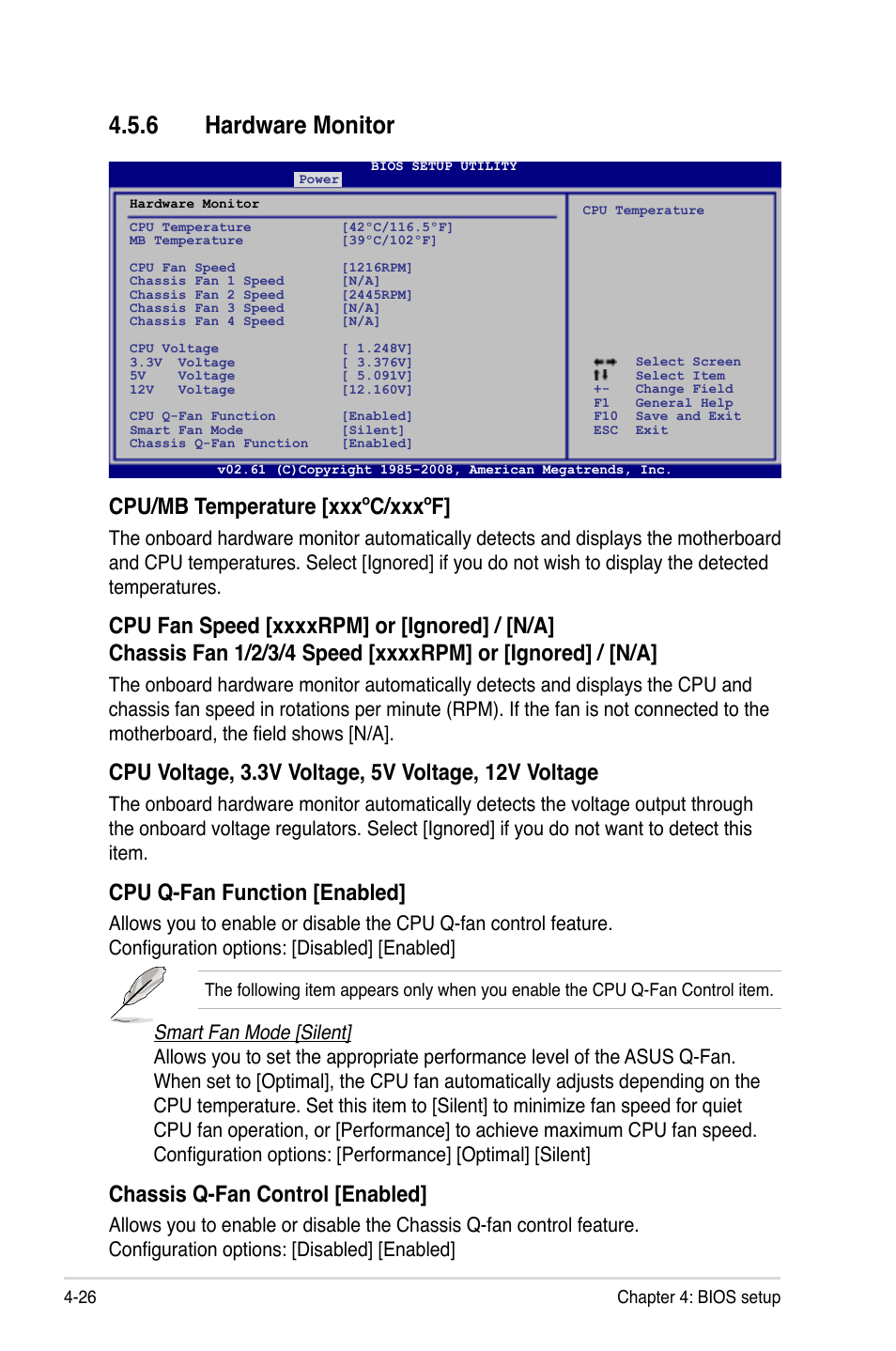 6 hardware monitor, Hardware monitor -26, Cpu/mb temperature [xxxºc/xxxºf | Cpu q-fan function [enabled, Chassis q-fan control [enabled | Asus TW100-E5 iQuadro User Manual | Page 80 / 136