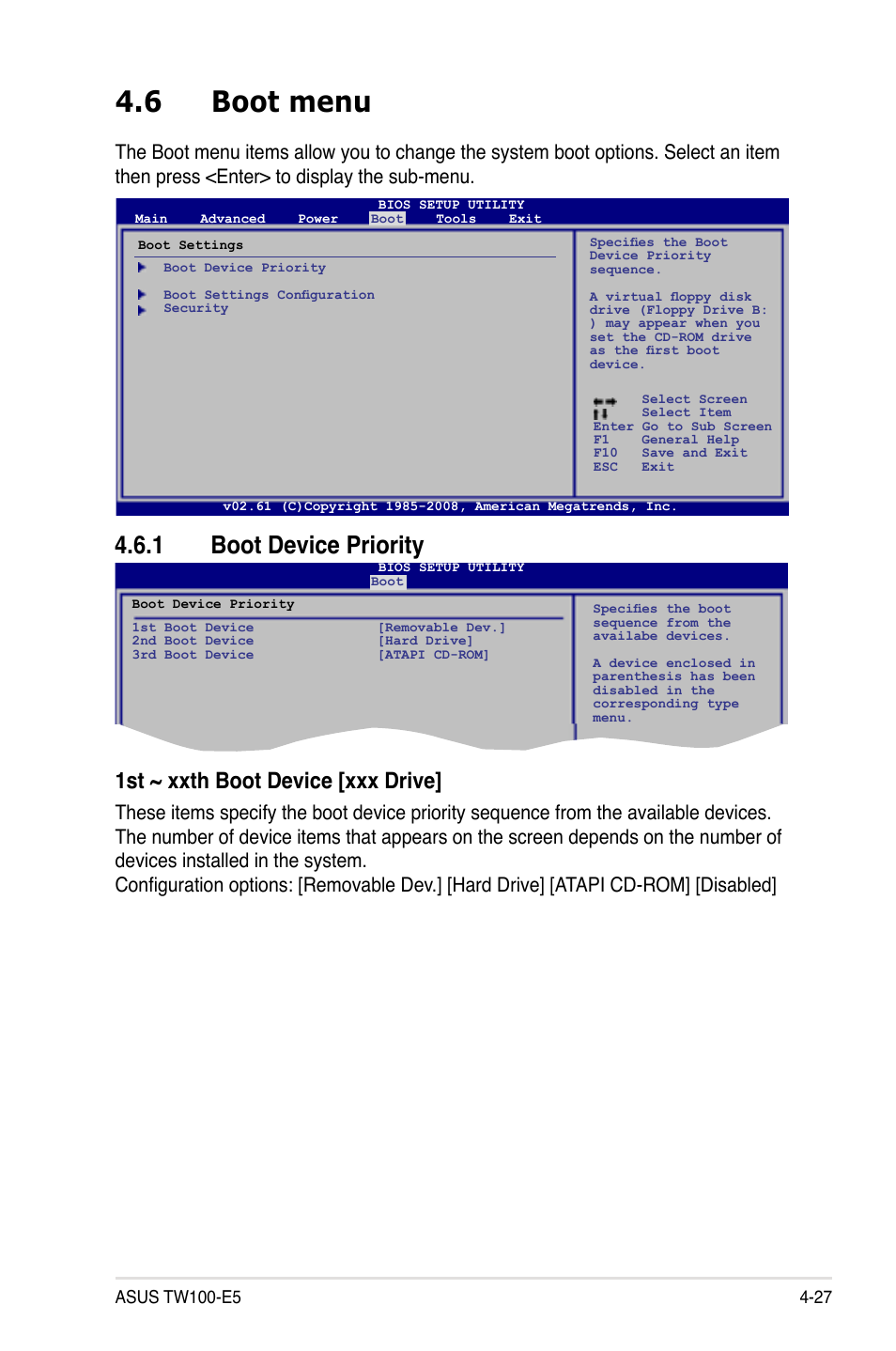 6 boot menu, 1 boot device priority, Boot menu -27 4.6.1 | Boot device priority -27, 1st ~ xxth boot device [xxx drive | Asus TW100-E5 iQuadro User Manual | Page 81 / 136