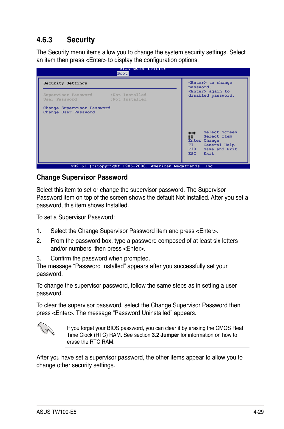 3 security, Security -29, Change supervisor password | Asus TW100-E5 iQuadro User Manual | Page 83 / 136