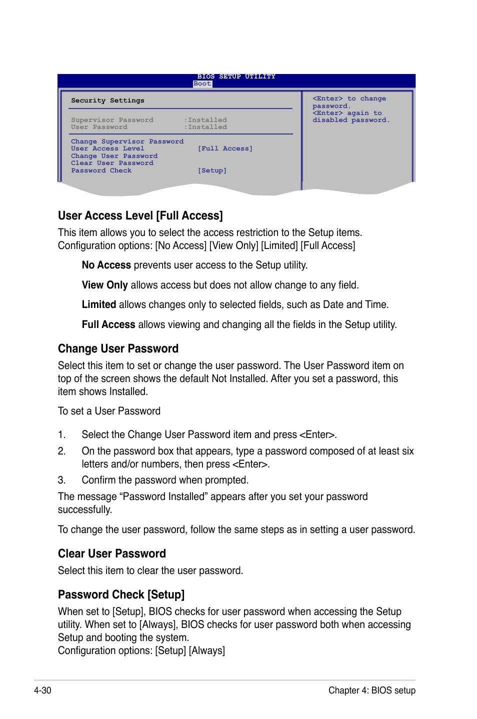 User access level [full access, Change user password, Clear user password | Password check [setup | Asus TW100-E5 iQuadro User Manual | Page 84 / 136