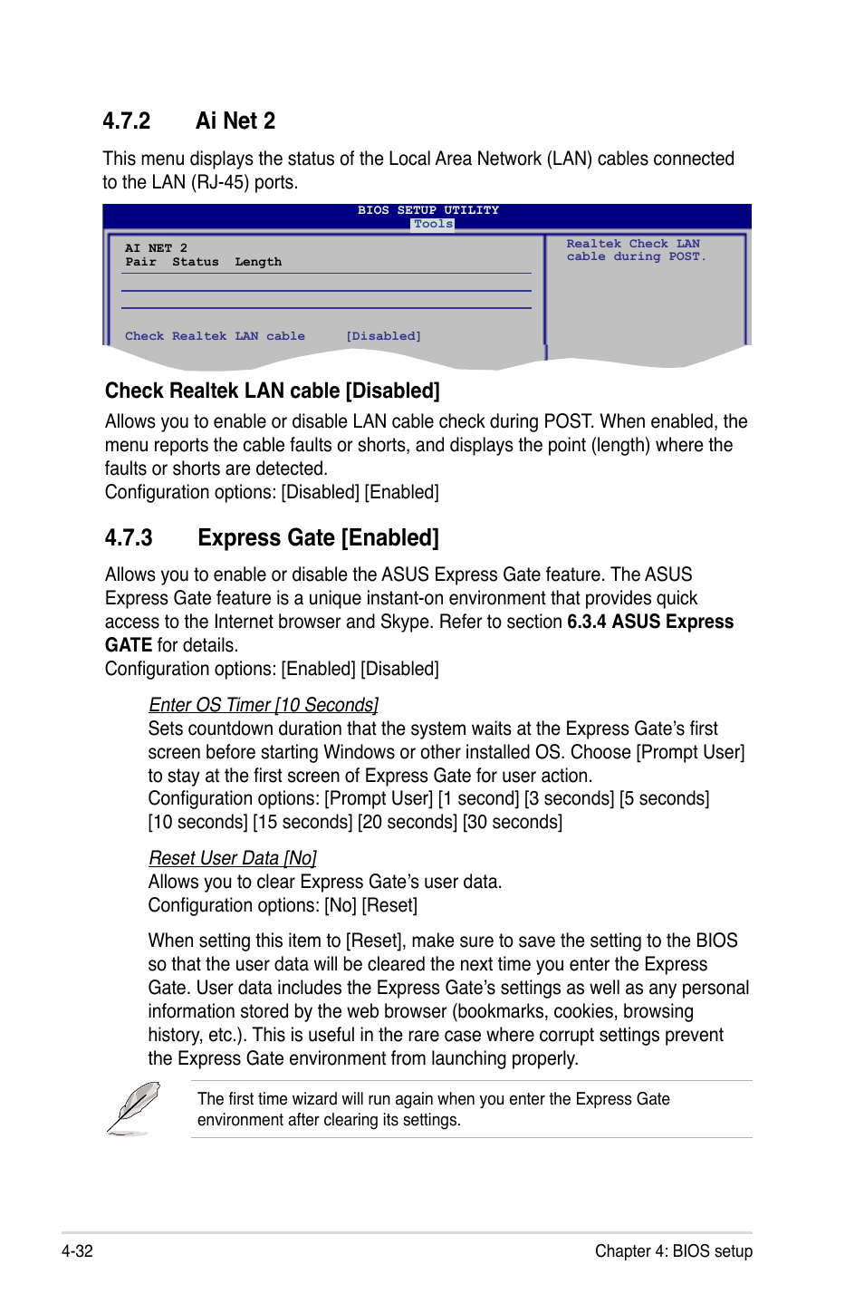 2 ai net 2, 3 express gate [enabled, Ai net 2 -32 | Express gate -32, Check realtek lan cable [disabled | Asus TW100-E5 iQuadro User Manual | Page 86 / 136