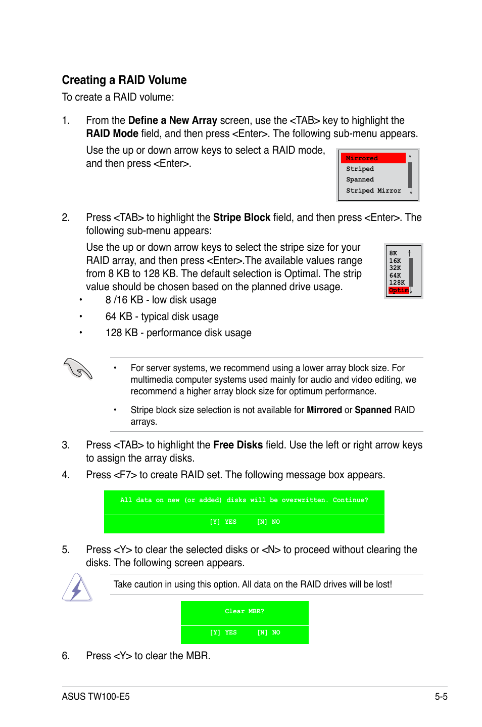 Creating a raid volume | Asus TW100-E5 iQuadro User Manual | Page 93 / 136