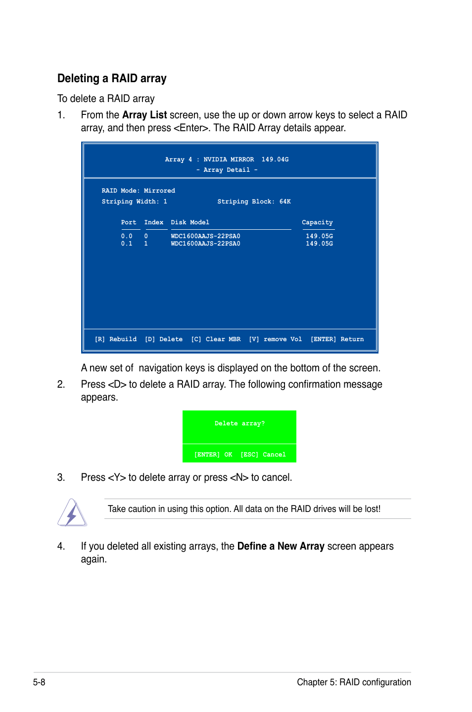 Deleting a raid array | Asus TW100-E5 iQuadro User Manual | Page 96 / 136