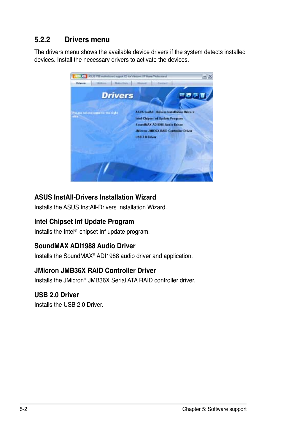 2 drivers menu | Asus P5B User Manual | Page 102 / 140