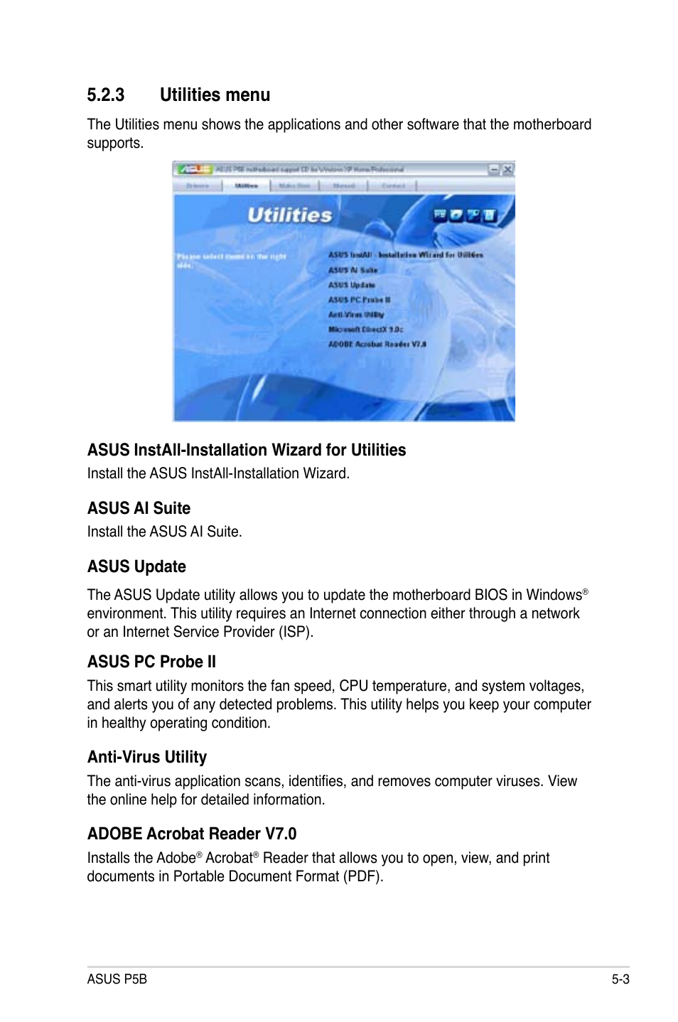 3 utilities menu | Asus P5B User Manual | Page 103 / 140