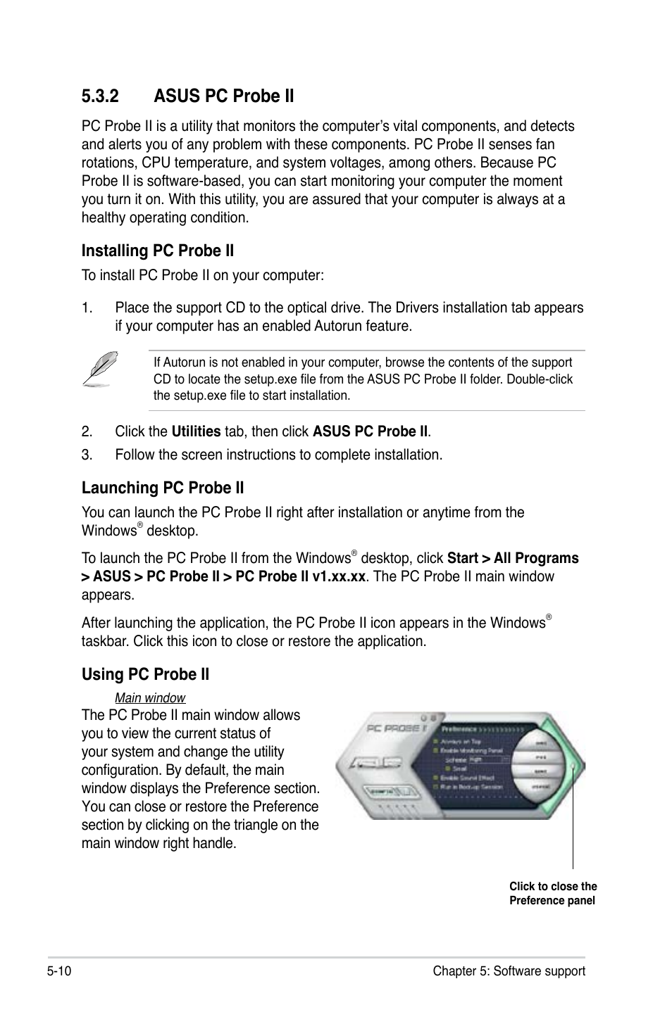 2 asus pc probe ii, Installing pc probe ii, Launching pc probe ii | Using pc probe ii | Asus P5B User Manual | Page 110 / 140