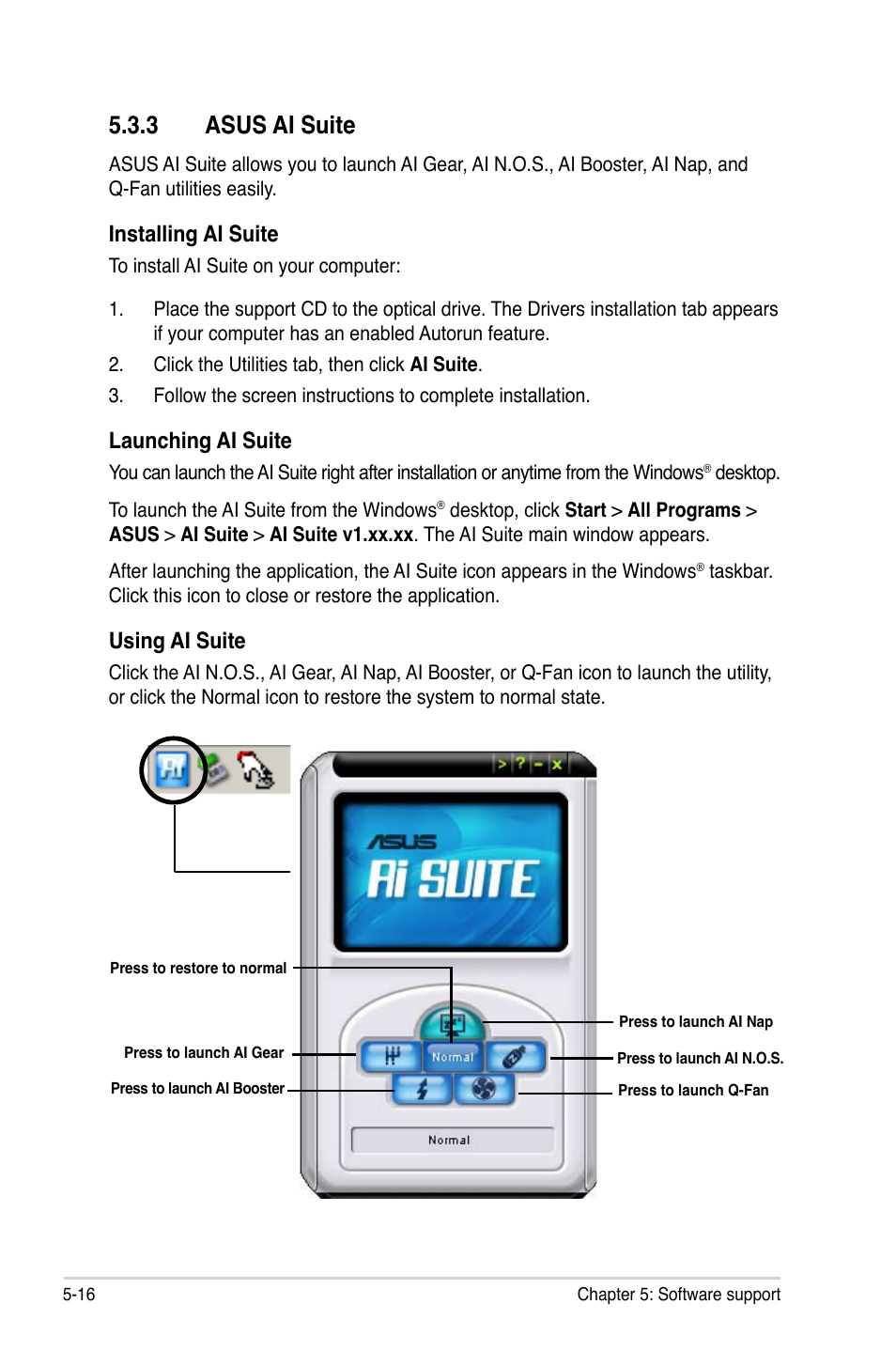 3 asus ai suite, Installing ai suite, Launching ai suite | Using ai suite | Asus P5B User Manual | Page 116 / 140