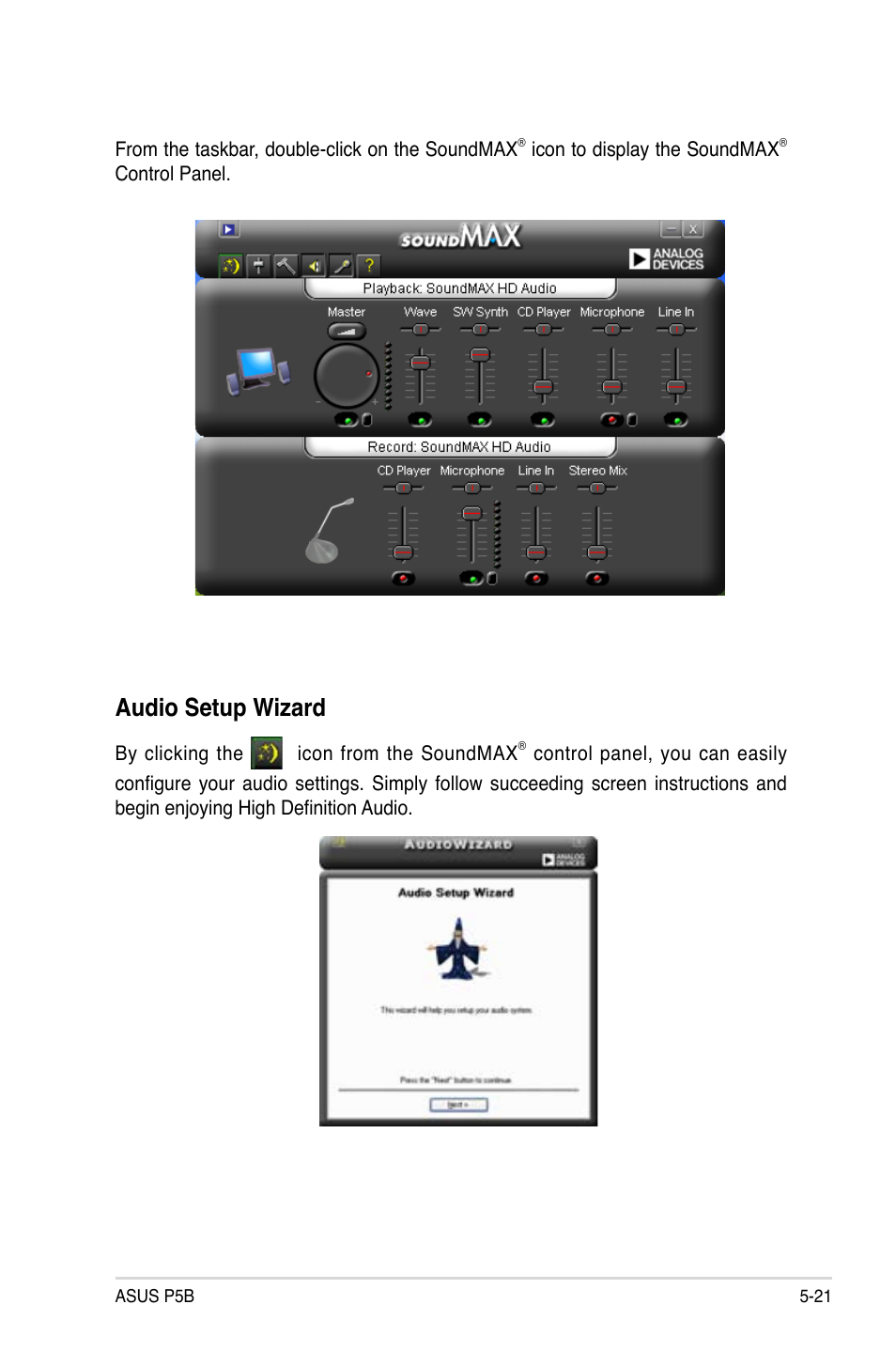 Audio setup wizard | Asus P5B User Manual | Page 121 / 140