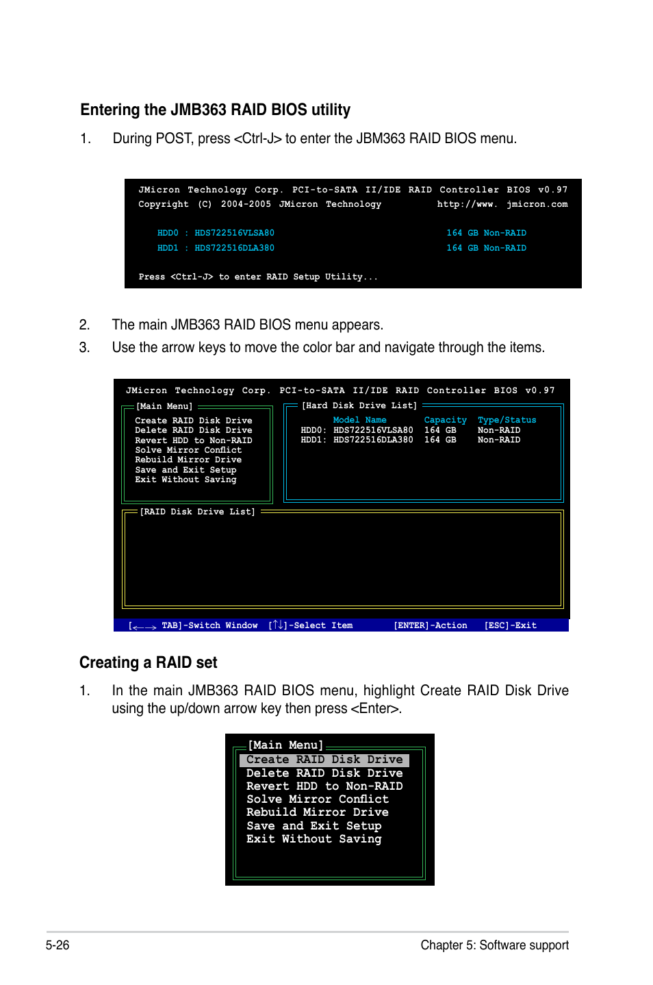 Entering the jmb363 raid bios utility, Creating a raid set | Asus P5B User Manual | Page 126 / 140