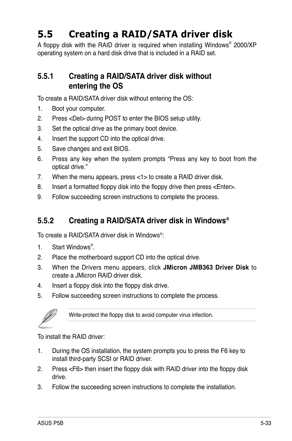 5 creating a raid/sata driver disk, 2 creating a raid/sata driver disk in windows | Asus P5B User Manual | Page 133 / 140