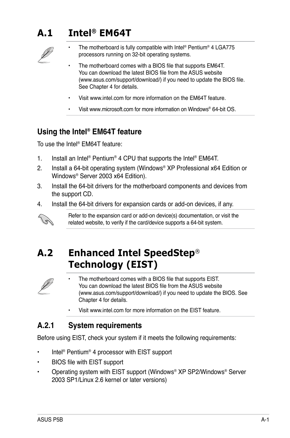 A.1 intel, Em64t, A.2 enhanced intel speedstep | Technology (eist), Using the intel, Em64t feature, A.2.1 system requirements | Asus P5B User Manual | Page 137 / 140