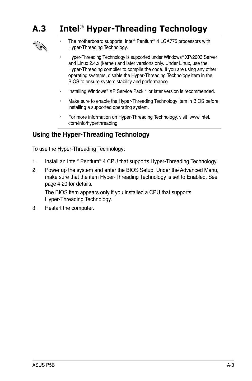 A.3 intel, Hyper-threading technology, Using the hyper-threading technology | Asus P5B User Manual | Page 139 / 140