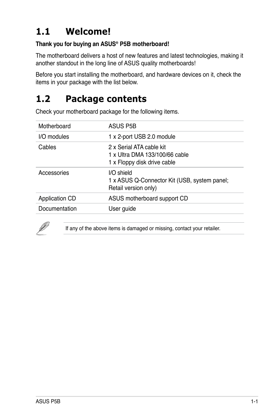 1 welcome, 2 package contents | Asus P5B User Manual | Page 17 / 140