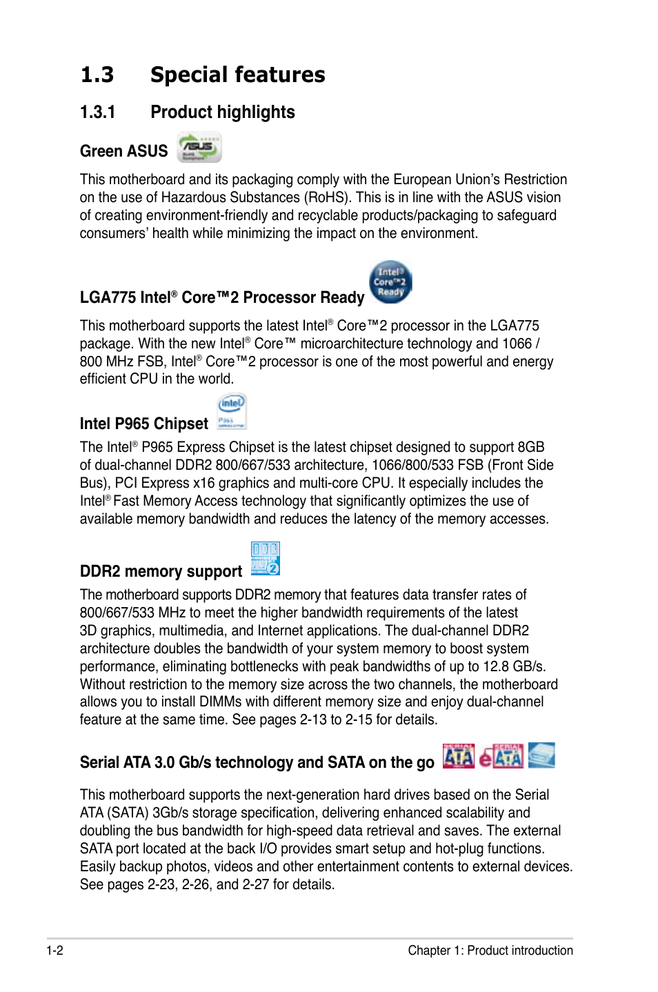 3 special features, 1 product highlights | Asus P5B User Manual | Page 18 / 140