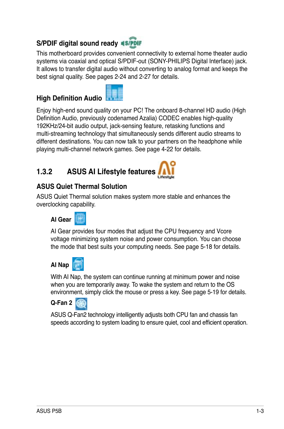 2 asus ai lifestyle features | Asus P5B User Manual | Page 19 / 140