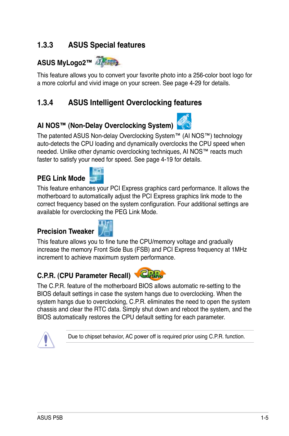 3 asus special features, 4 asus intelligent overclocking features | Asus P5B User Manual | Page 21 / 140