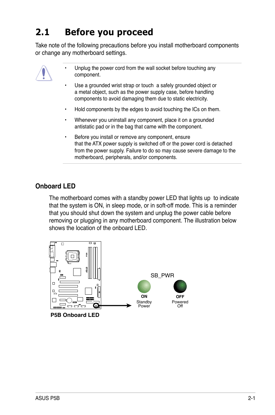 1 before you proceed, Onboard led | Asus P5B User Manual | Page 25 / 140