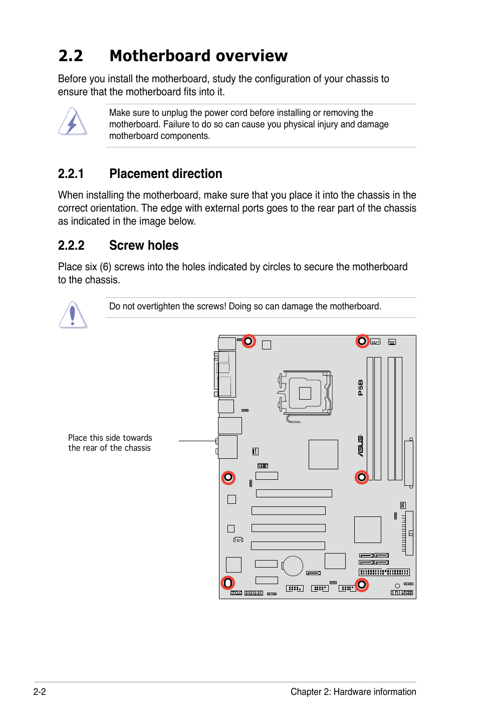 2 motherboard overview, 1 placement direction, 2 screw holes | Asus P5B User Manual | Page 26 / 140