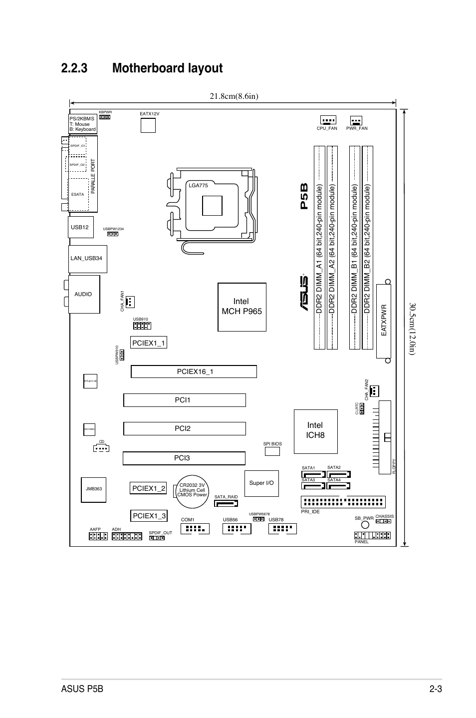 3 motherboard layout, Asus p5b 2, Intel ich8 intel mch p965 | Asus P5B User Manual | Page 27 / 140