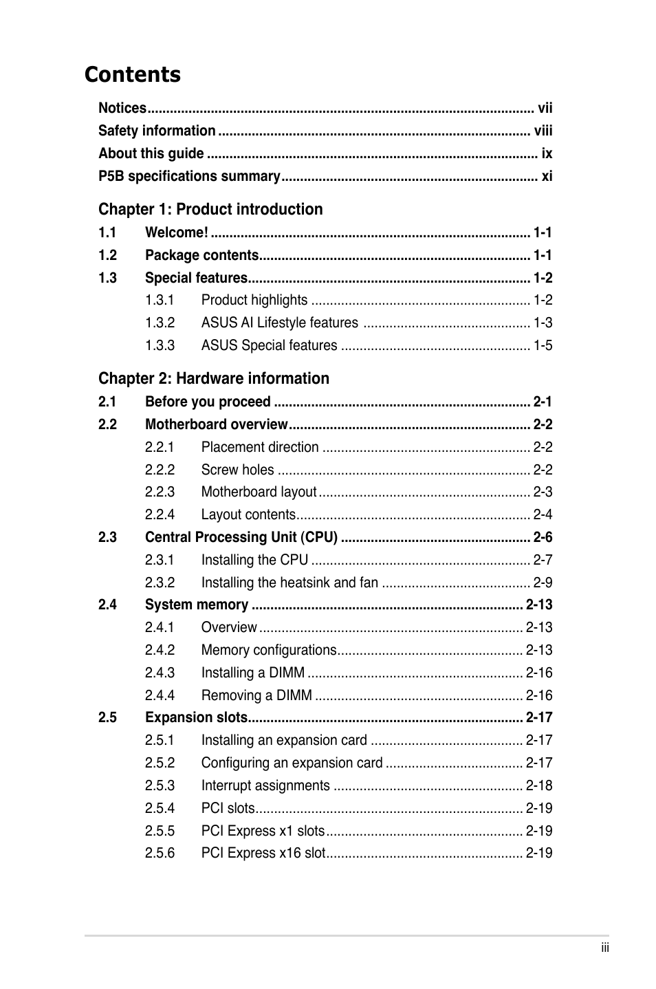 Asus P5B User Manual | Page 3 / 140