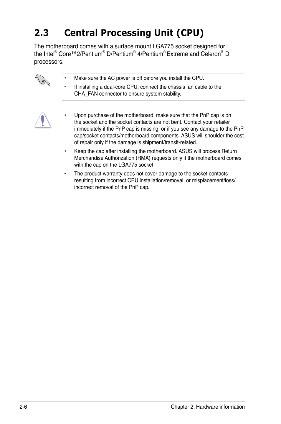 3 central processing unit (cpu) | Asus P5B User Manual | Page 30 / 140