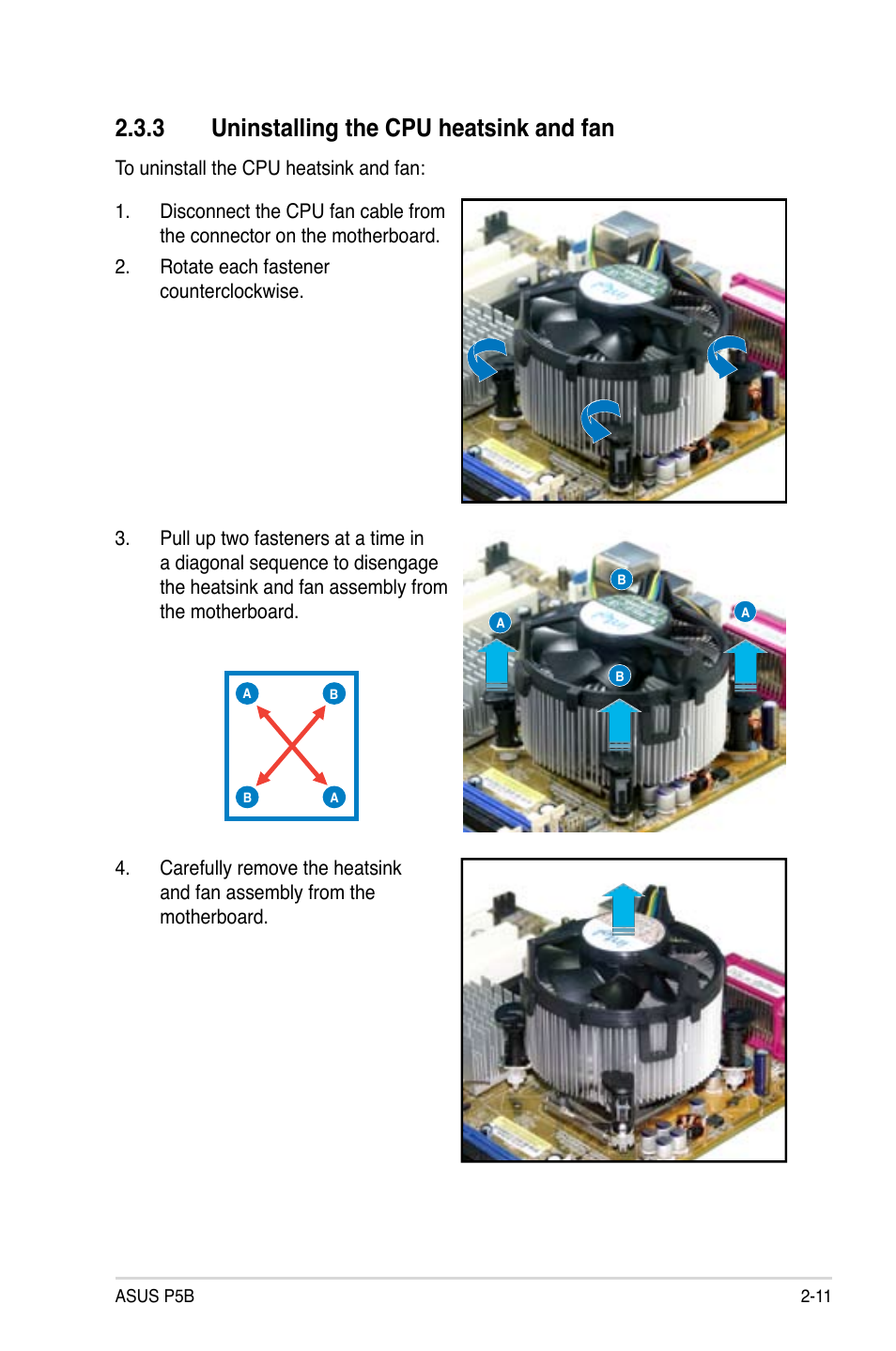 3 uninstalling the cpu heatsink and fan | Asus P5B User Manual | Page 35 / 140