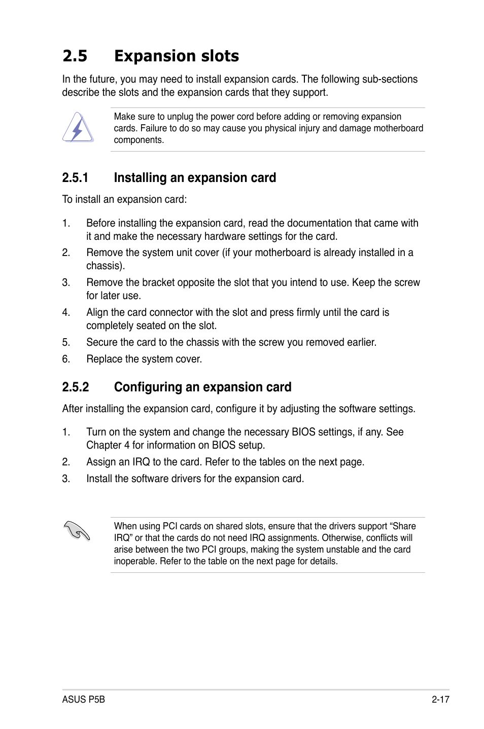 5 expansion slots, 1 installing an expansion card, 2 configuring an expansion card | Asus P5B User Manual | Page 41 / 140