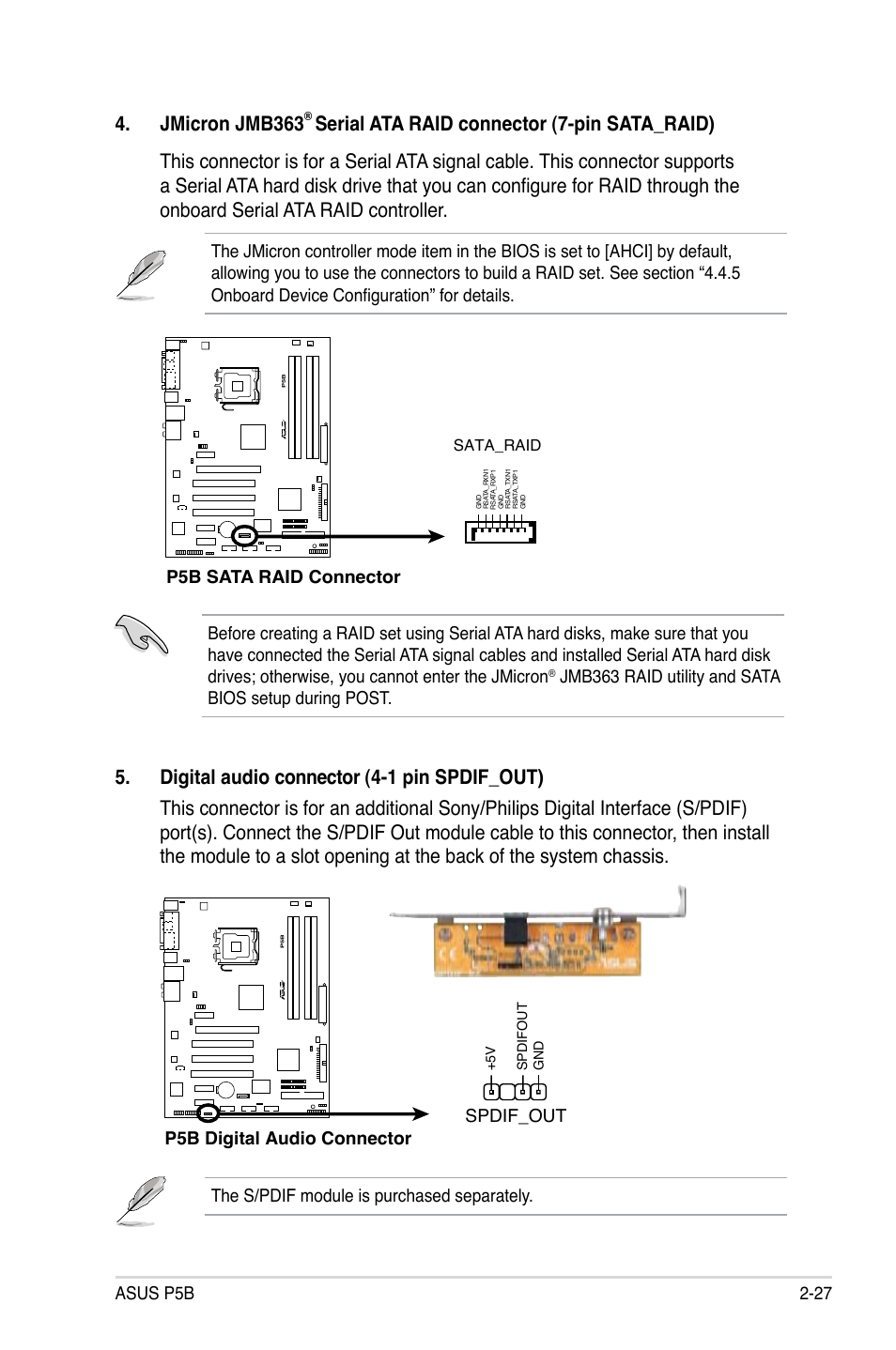 Jmicron jmb363, Asus p5b 2-27, P5b sata raid connector | The s/pdif module is purchased separately, P5b digital audio connector, Spdif_out | Asus P5B User Manual | Page 51 / 140