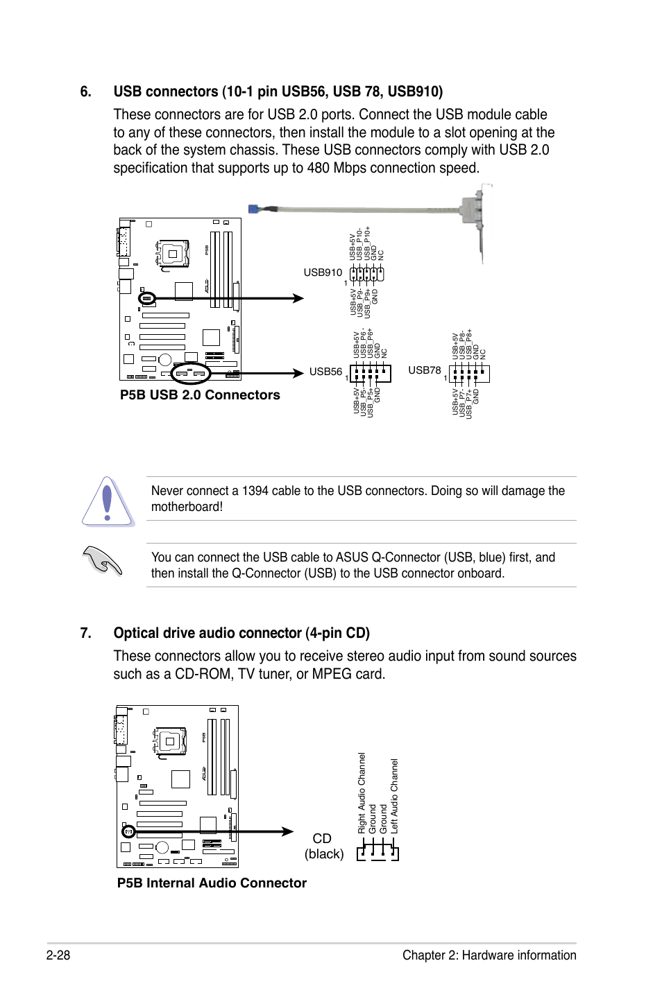 28 chapter 2: hardware information, P5b usb 2.0 connectors, P5b internal audio connector cd (black) | Asus P5B User Manual | Page 52 / 140