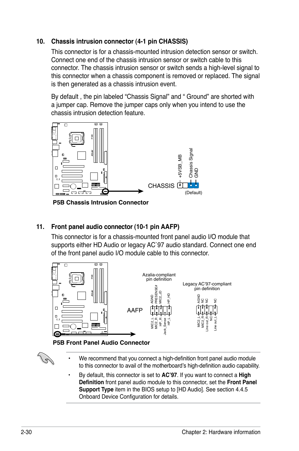 0 chapter 2: hardware information, P5b chassis intrusion connector chassis, P5b front panel audio connector | Aafp | Asus P5B User Manual | Page 54 / 140