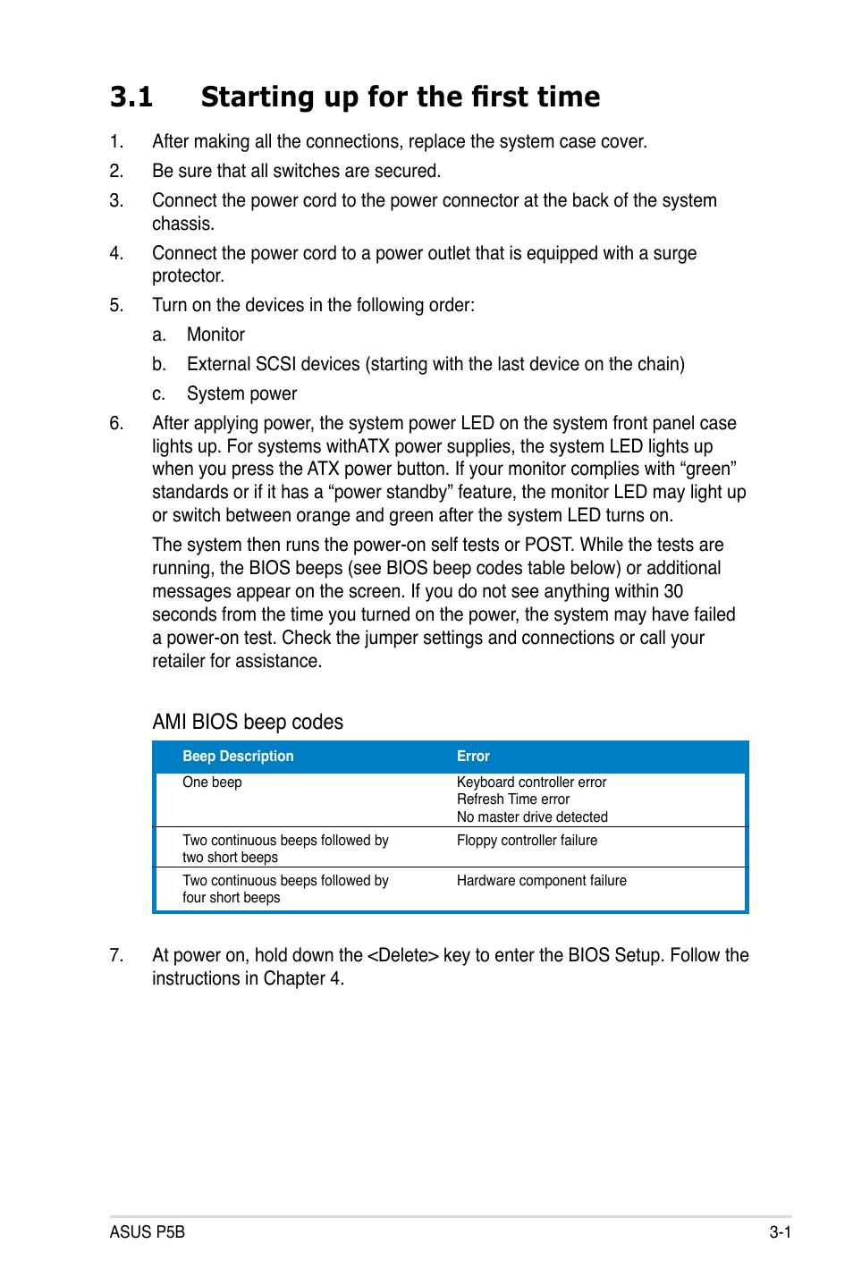 1 starting up for the first time, Ami bios beep codes | Asus P5B User Manual | Page 61 / 140