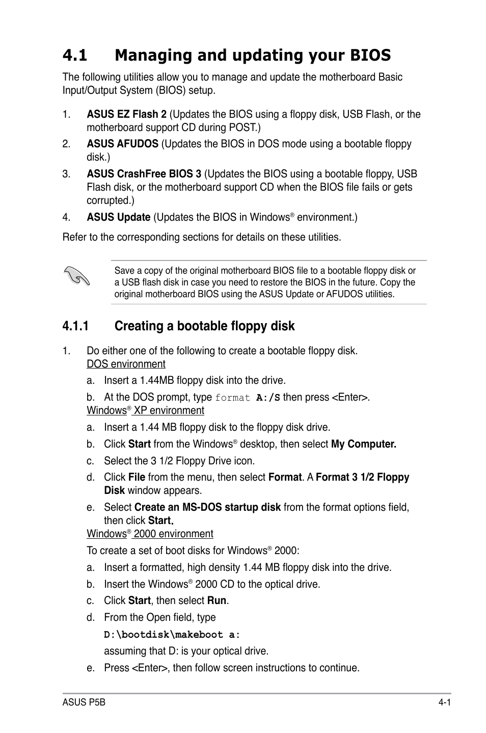 1 managing and updating your bios, 1 creating a bootable floppy disk | Asus P5B User Manual | Page 65 / 140