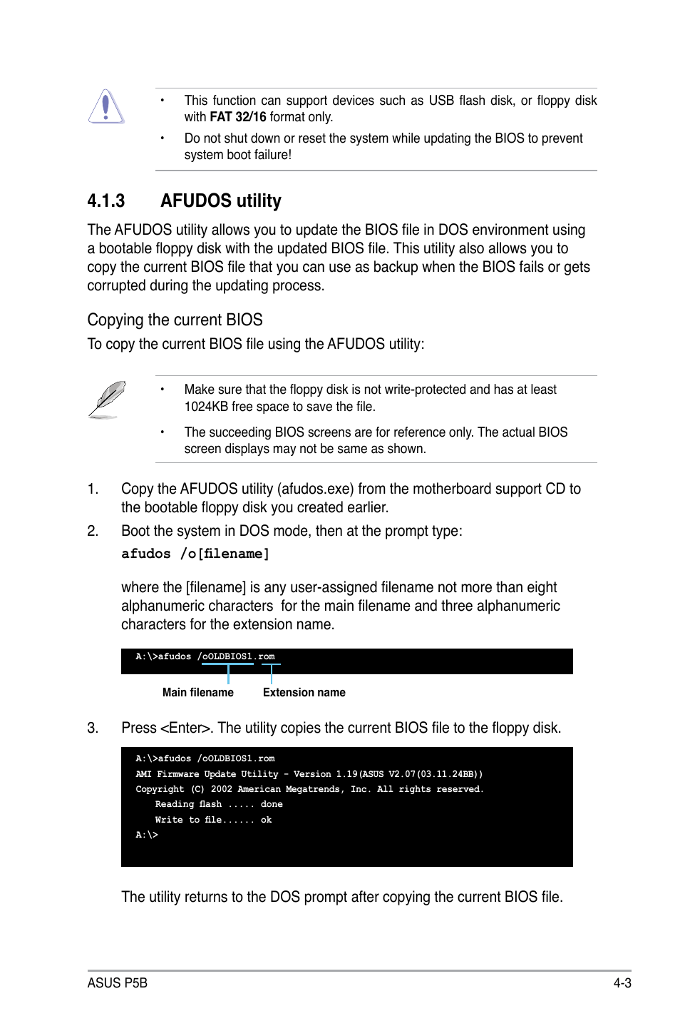 3 afudos utility, Copying the current bios | Asus P5B User Manual | Page 67 / 140