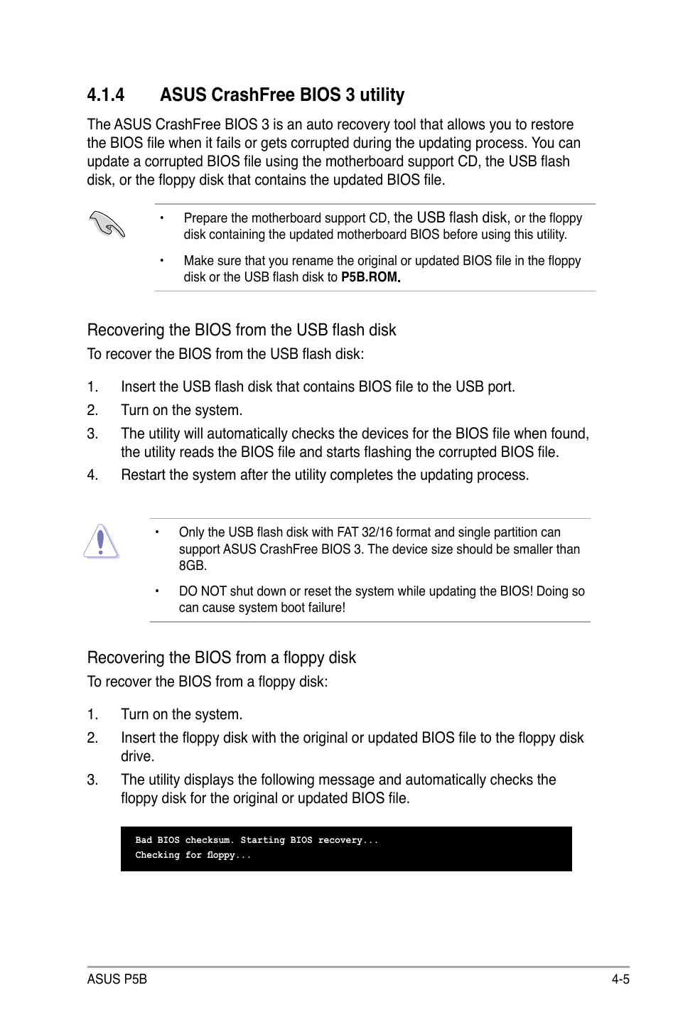 4 asus crashfree bios 3 utility, Recovering the bios from the usb flash disk, Recovering the bios from a floppy disk | Asus P5B User Manual | Page 69 / 140