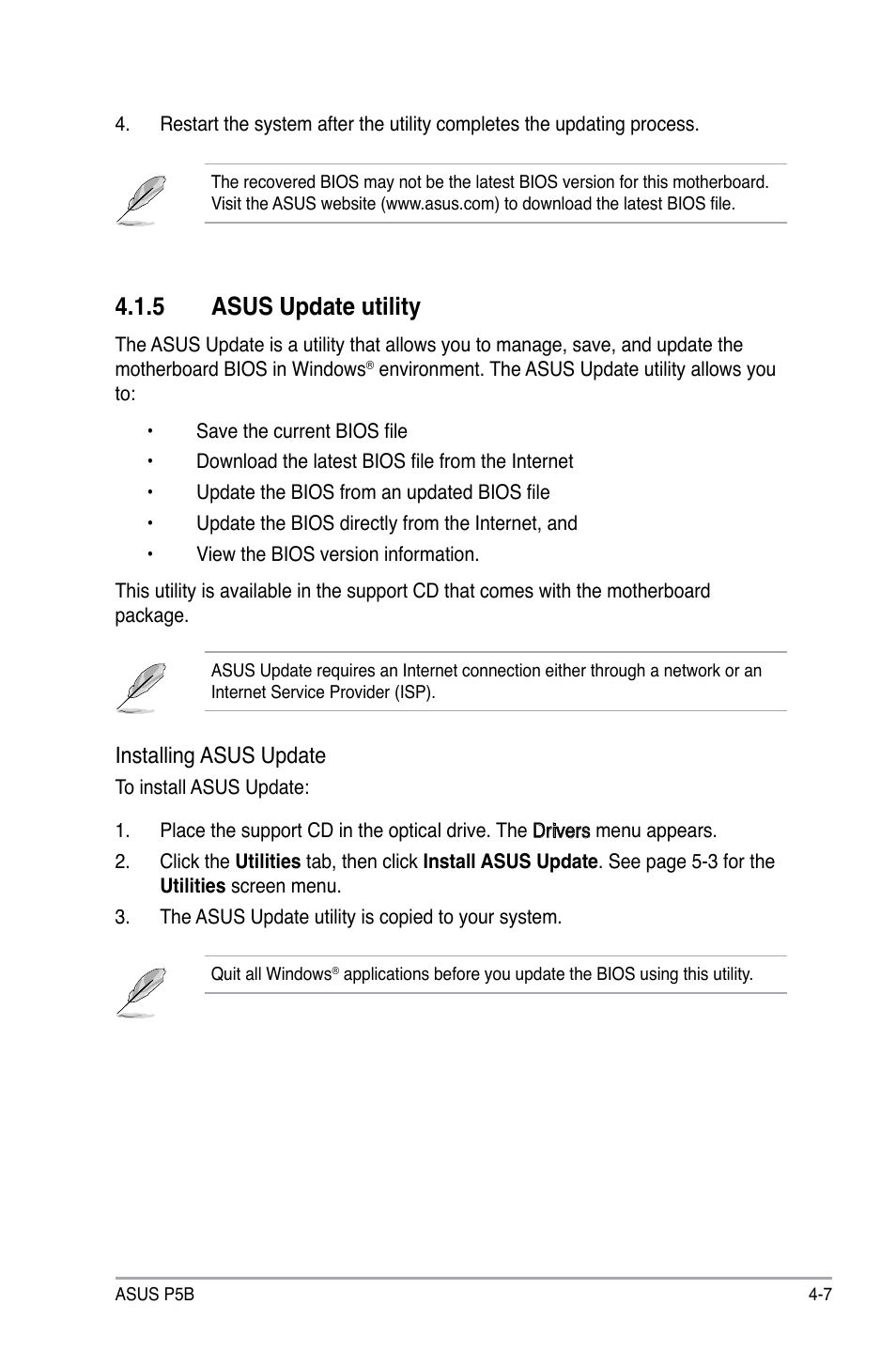 5 asus update utility, Installing asus update | Asus P5B User Manual | Page 71 / 140