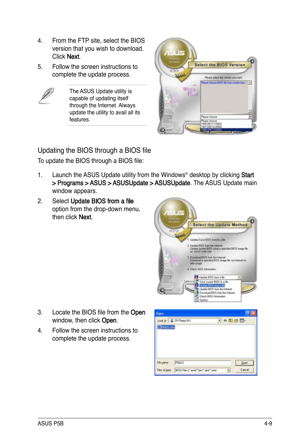 Updating the bios through a bios file | Asus P5B User Manual | Page 73 / 140