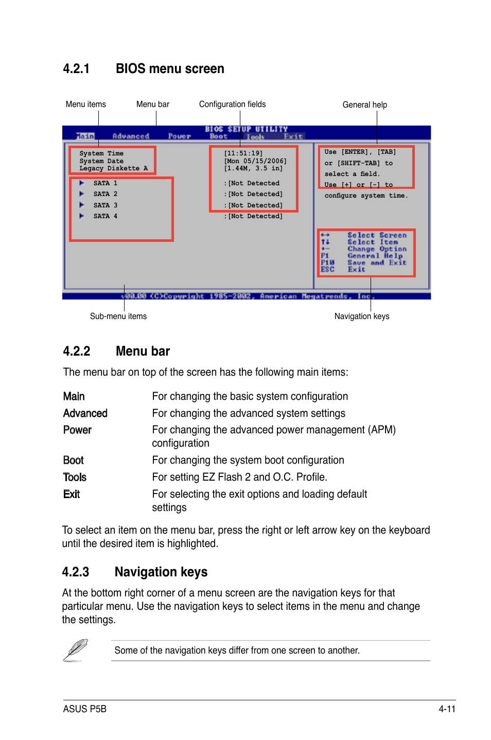 Menu.bar, 1 bios menu screen, 3 navigation keys | Asus P5B User Manual | Page 75 / 140