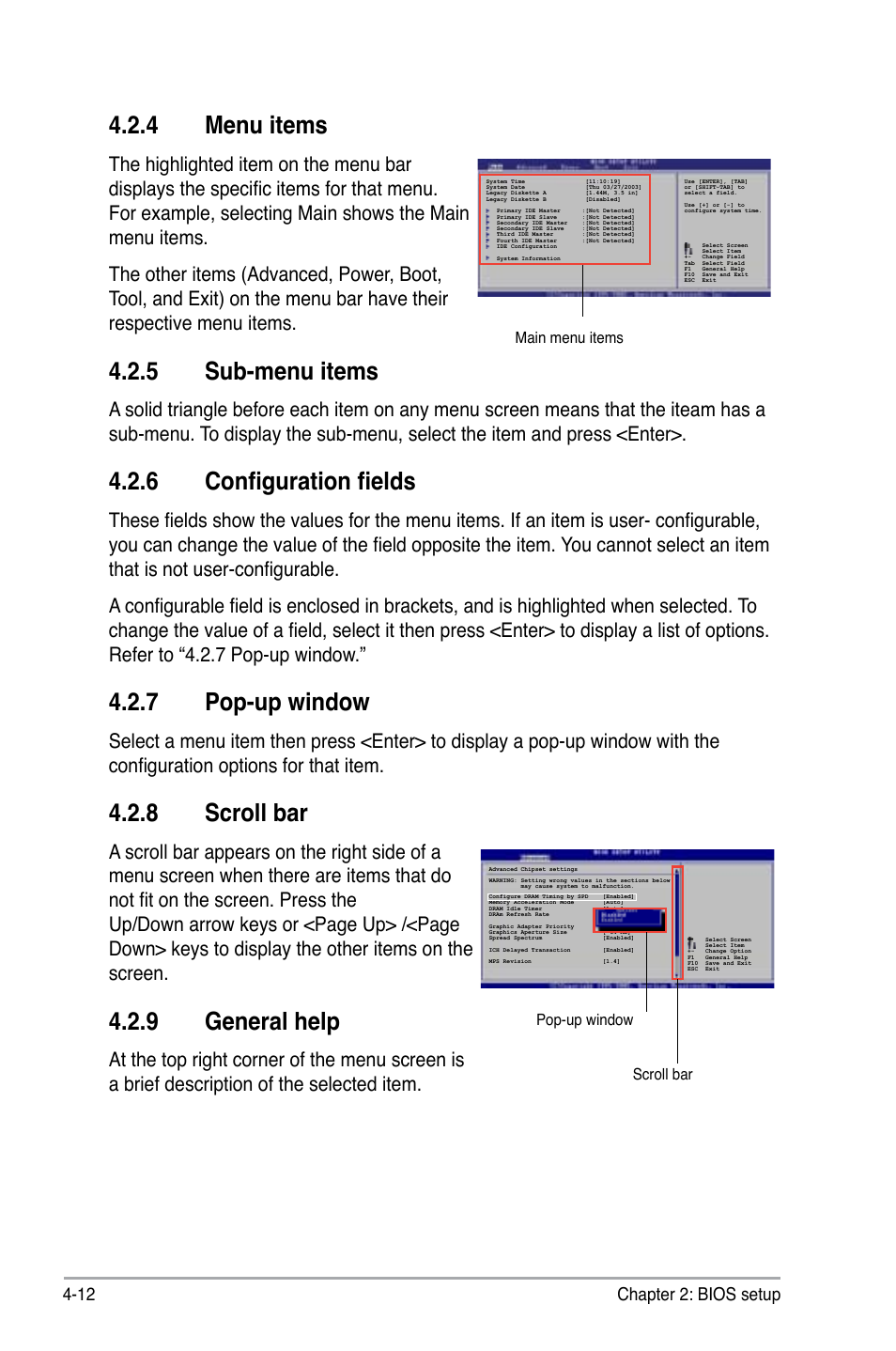 4 menu items, Sub-menu items, 6 configuration fields | 7 pop-up window, 8 scroll bar, 9 general help, 2 chapter 2: bios setup | Asus P5B User Manual | Page 76 / 140