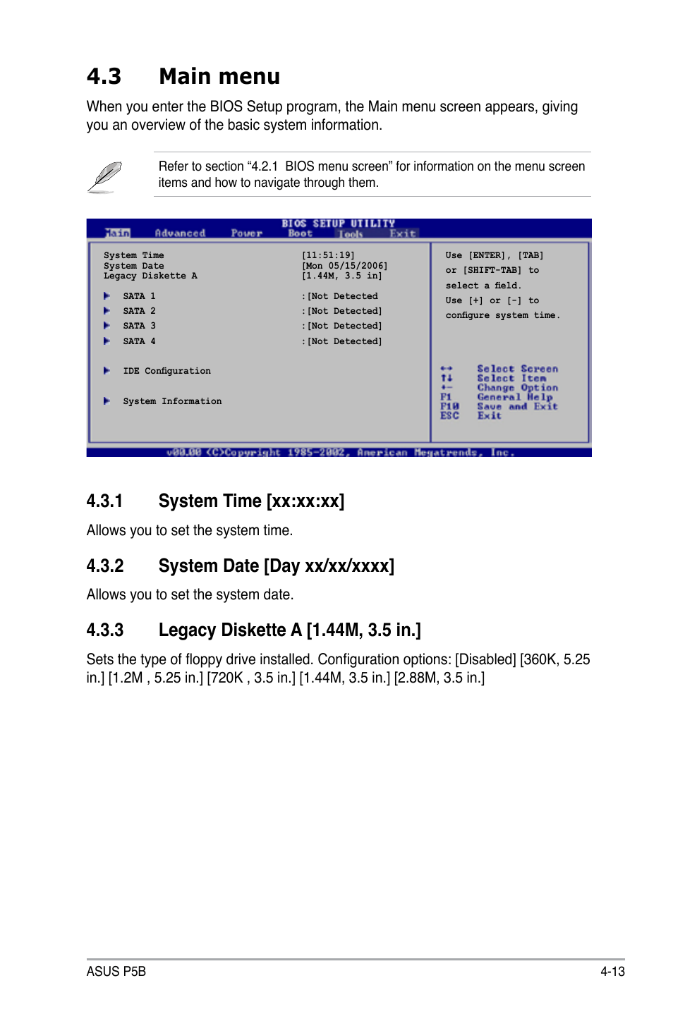 3 main menu, 1 system time [xx:xx:xx | Asus P5B User Manual | Page 77 / 140