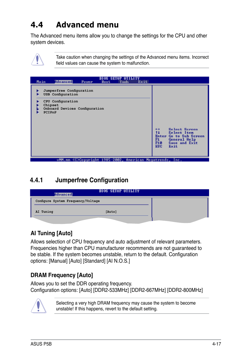 4 advanced menu, 1 jumperfree configuration, Ai tuning [auto | Dram frequency [auto | Asus P5B User Manual | Page 81 / 140