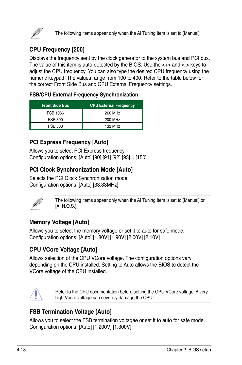 Fsb termination voltage [auto, Cpu frequency [200, Pci express frequency [auto | Pci clock synchronization mode [auto, Cpu vcore voltage [auto | Asus P5B User Manual | Page 82 / 140