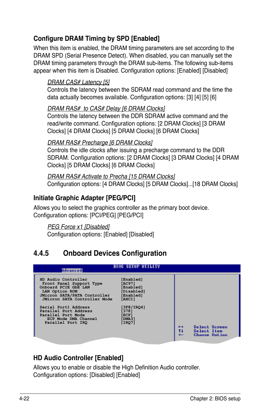 5 onboard devices configuration, Configure dram timing by spd [enabled, Initiate graphic adapter [peg/pci | Hd audio controller [enabled | Asus P5B User Manual | Page 86 / 140