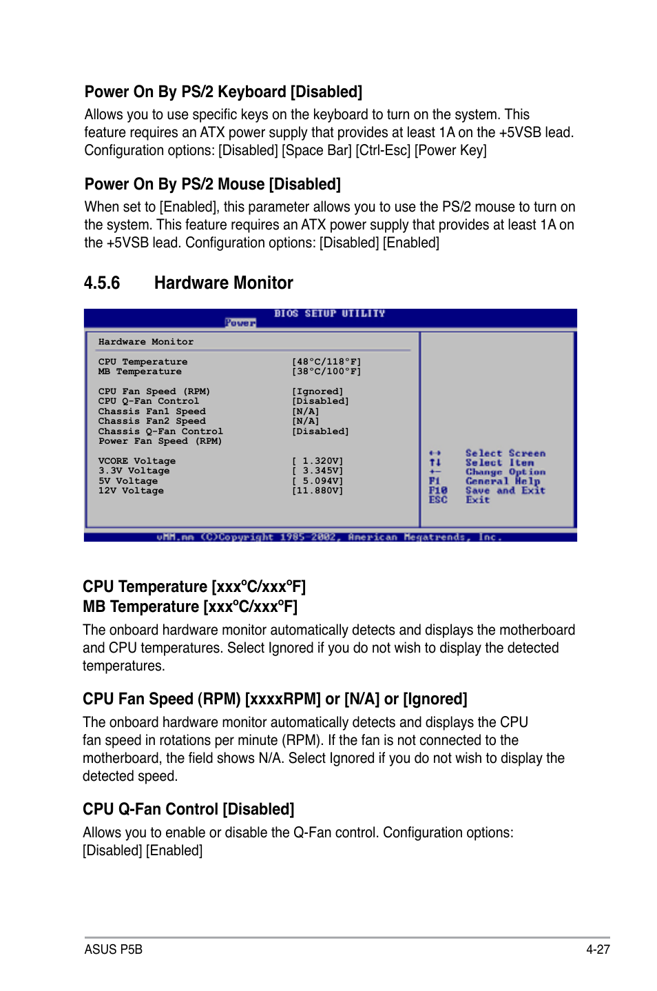 6 hardware monitor, Power on by ps/2 keyboard [disabled, Power on by ps/2 mouse [disabled | Cpu q-fan control [disabled | Asus P5B User Manual | Page 91 / 140