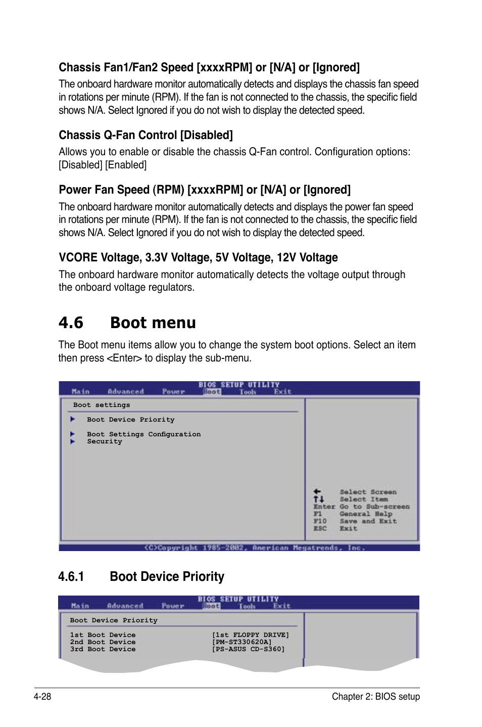 6 boot menu, 1 boot device priority, Chassis q-fan control [disabled | Asus P5B User Manual | Page 92 / 140