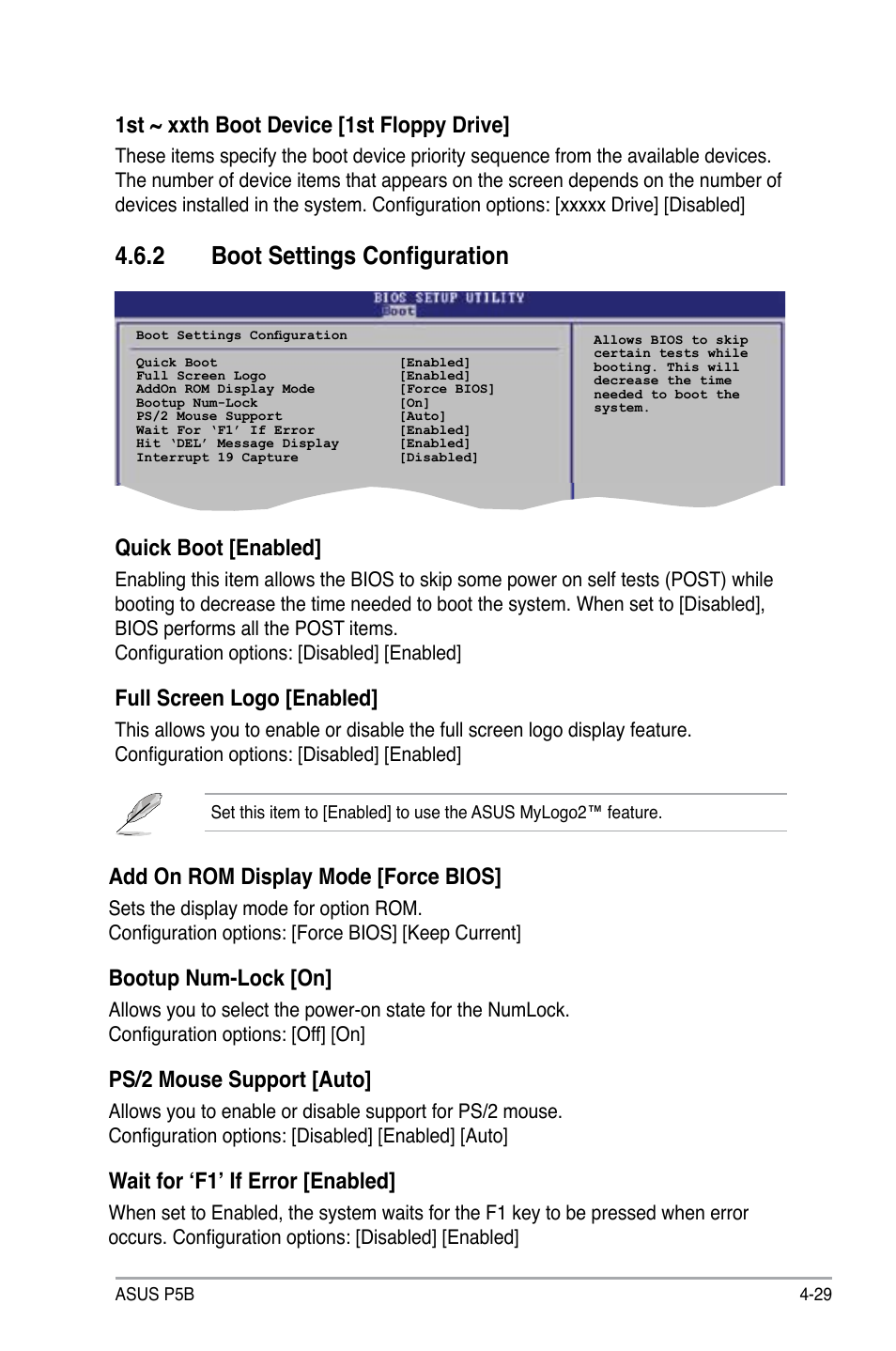 2 boot settings configuration, Quick boot [enabled, Full screen logo [enabled | Add on rom display mode [force bios, Bootup num-lock [on, Ps/2 mouse support [auto, Wait for ‘f1’ if error [enabled, 1st ~ xxth boot device [1st floppy drive | Asus P5B User Manual | Page 93 / 140