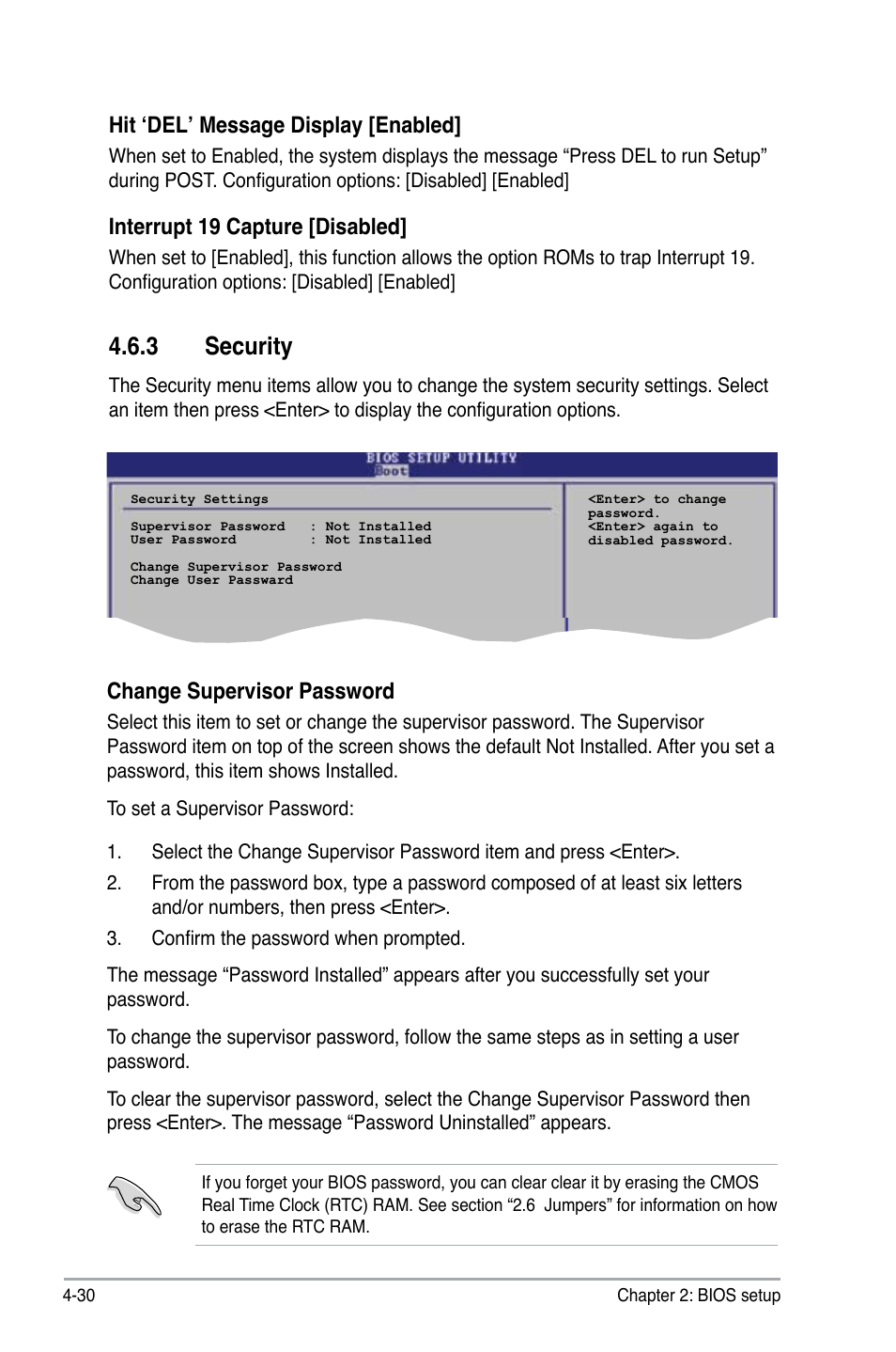 3 security, Hit ‘del’ message display [enabled, Interrupt 19 capture [disabled | Change supervisor password | Asus P5B User Manual | Page 94 / 140