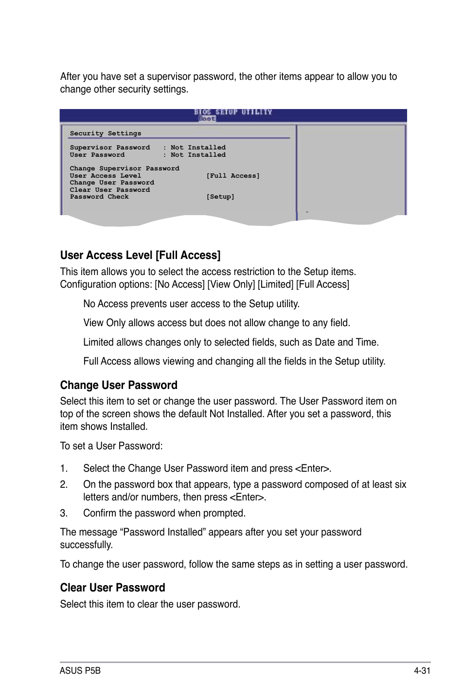 User access level [full access, Change user password, Clear user password | Asus P5B User Manual | Page 95 / 140