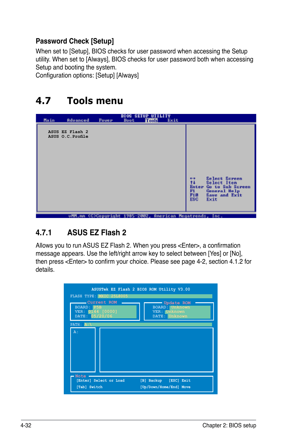 7 tools menu, 1 asus ez flash 2, Password check [setup | Asus P5B User Manual | Page 96 / 140