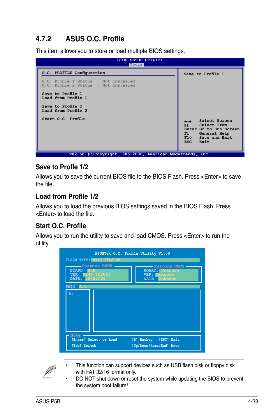 2 asus o.c. profile, Save to profle 1/2, Load from profile 1/2 | Start o.c. profile | Asus P5B User Manual | Page 97 / 140