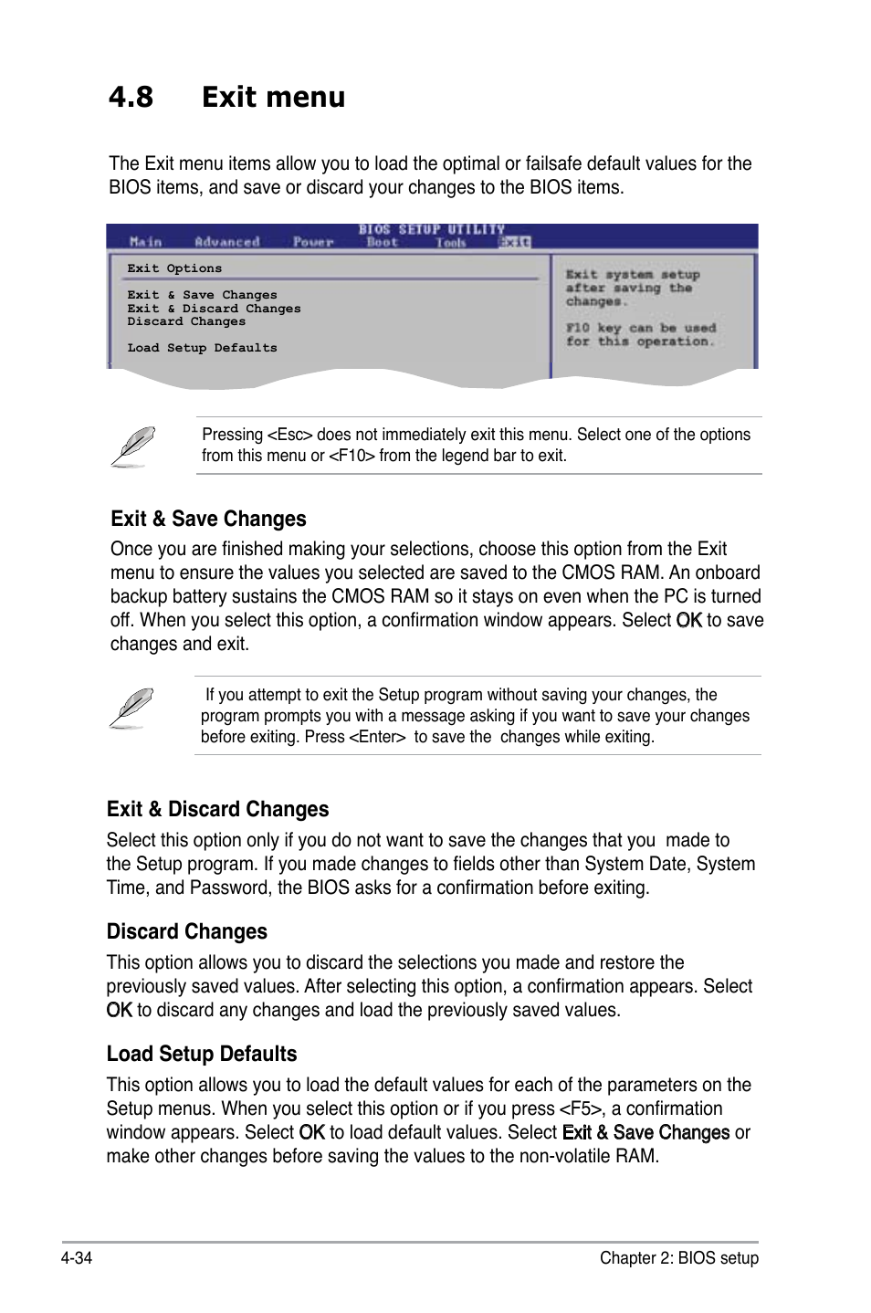 8 exit menu, Exit & discard changes, Discard changes | Load setup defaults, Exit & save changes | Asus P5B User Manual | Page 98 / 140